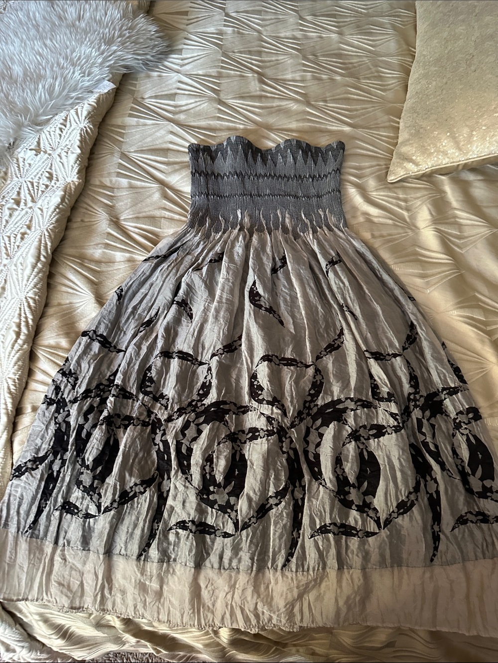 Lapis Strapless Gray and Black Smocked Bodice Dress